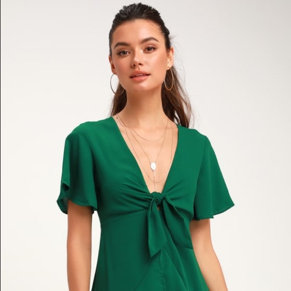 Lulus Jewell Green Tie-Front Skater Dress - Picture 2 of 3